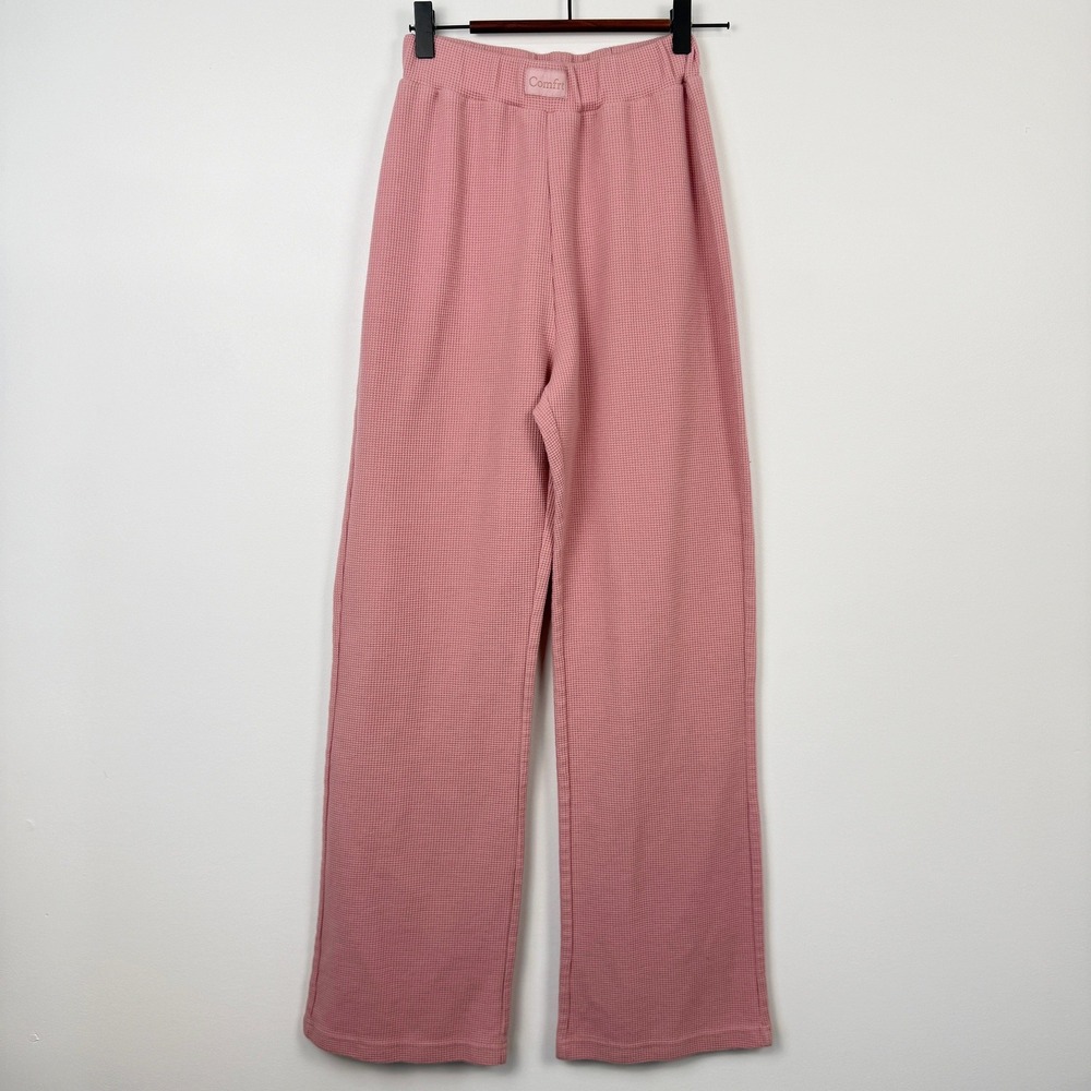 Comfrt Waffle Knit Lounge Pants Women XS Pink High Rise Wide Leg Pull On